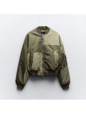 Zara Olive Green Patchwork Bomber Jacket